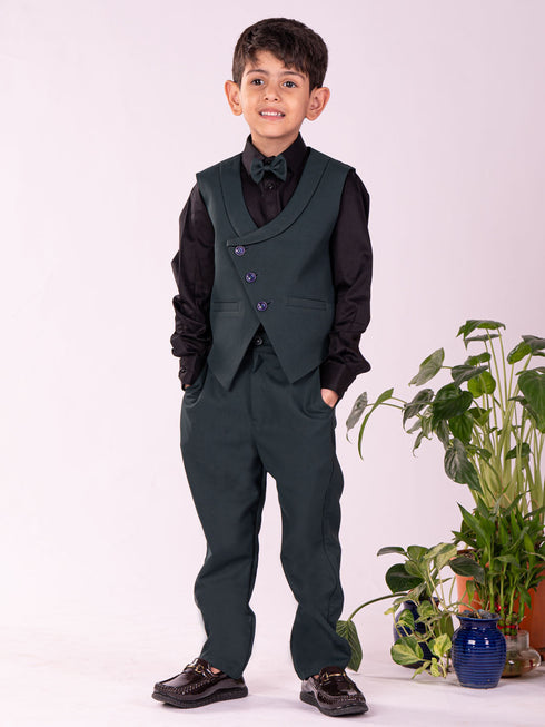 Vastramay Boy's Black And Green Shirt Blazer Waist Coat And Pant