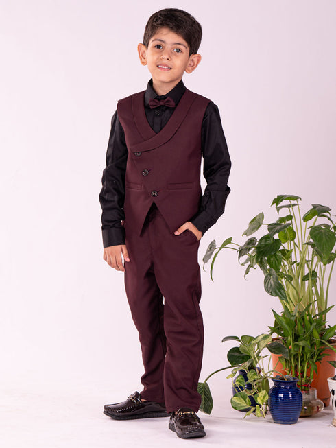 Vastramay Boy's Black And Maroon Shirt Blazer Waist Coat And Pant
