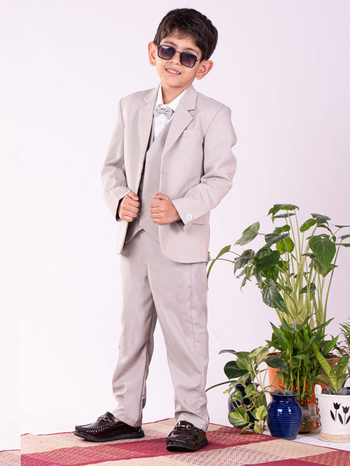 Vastramay Boy's White And Gray Shirt Blazer Waist Coat And Pant