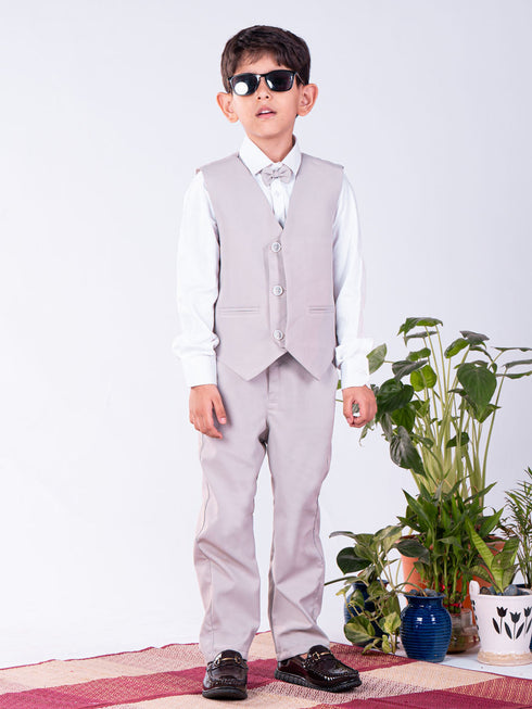 Vastramay Boy's White And Gray Shirt Blazer Waist Coat And Pant