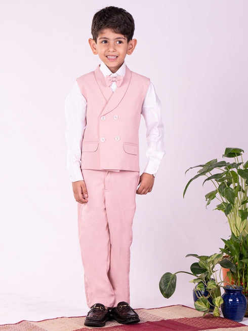 Vastramay Boy's White And Pink Shirt Blazer Waist Coat And Pant