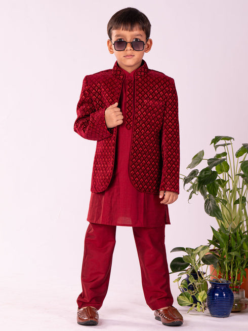 Vastramay Boy's Maroon Jodhpuri And Kurta Pyjama Combo Set