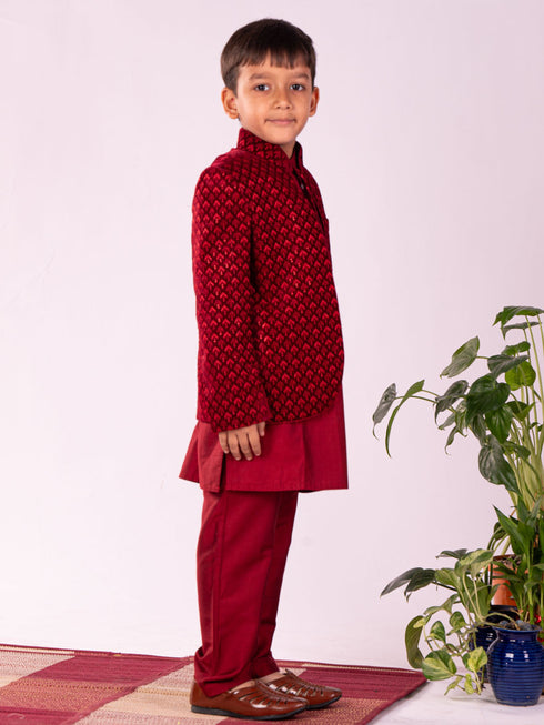 Vastramay Boy's Maroon Jodhpuri And Kurta Pyjama Combo Set