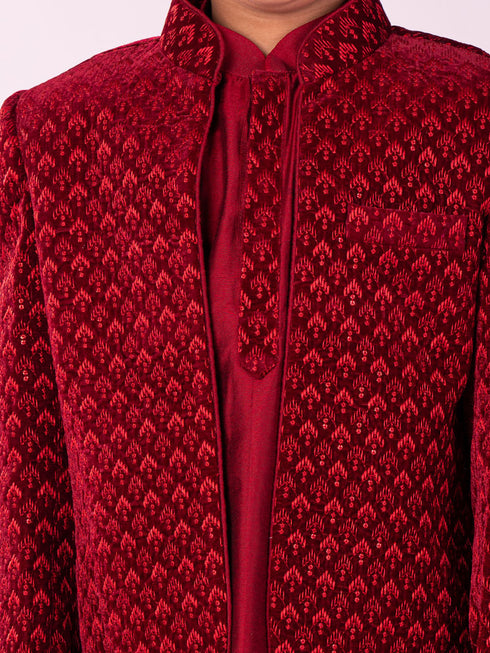 Vastramay Boy's Maroon Jodhpuri And Kurta Pyjama Combo Set