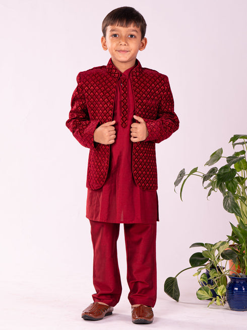 Vastramay Boy's Maroon Jodhpuri And Kurta Pyjama Combo Set