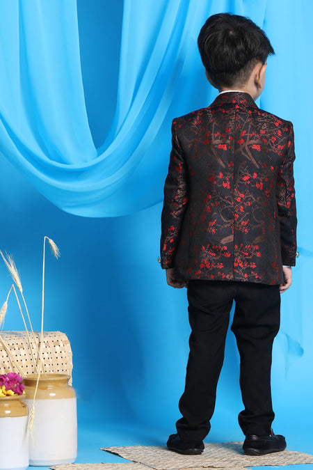VASTRAMAY Red And Blue Jacquard Blazer Baap Beta Set