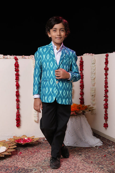VASTRAMAY Boy's Aqua Ikkat Print Blazer
