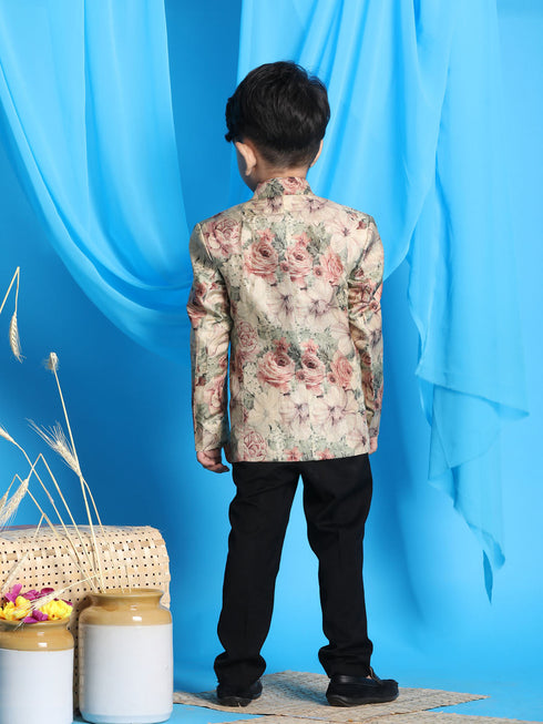 Vastramay Boy's Beige Silk Blend Floral Print Blazer