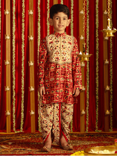 Vastramay Boys' Red And Cream Patola Print Ethnic Kurta And Dhoti Set