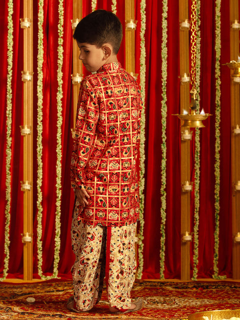 Vastramay Boys' Red And Cream Patola Print Ethnic Kurta And Dhoti Set