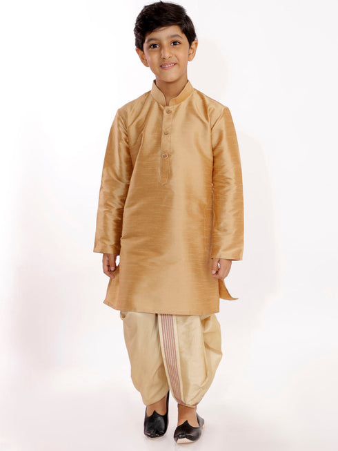 Vastramay Boy's Gold Silk Blend Embroidered Dhoti