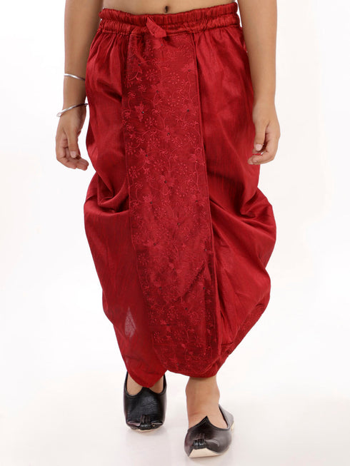 Vastramay Boy's Maroon Silk Blend Embroidered Dhoti