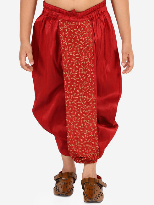 Vastramay Boy's Maroon Silk Blend Embroidered Dhoti