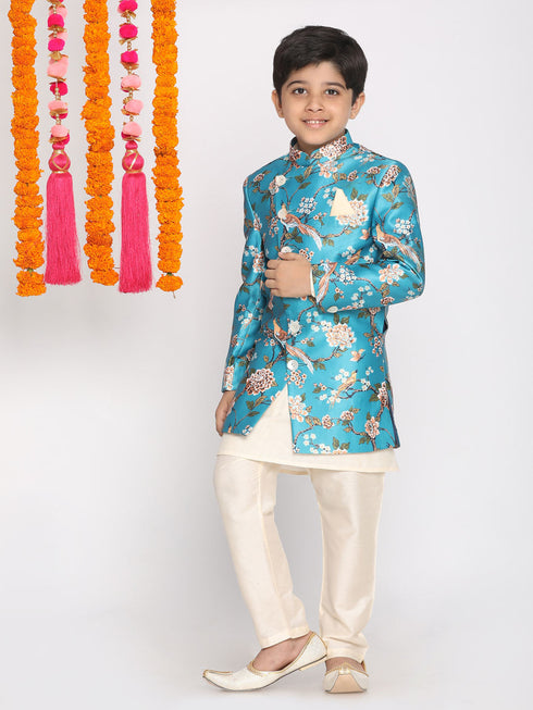 Vastramay Boy's Multicolored-Base-Turquoise Indowestern Set