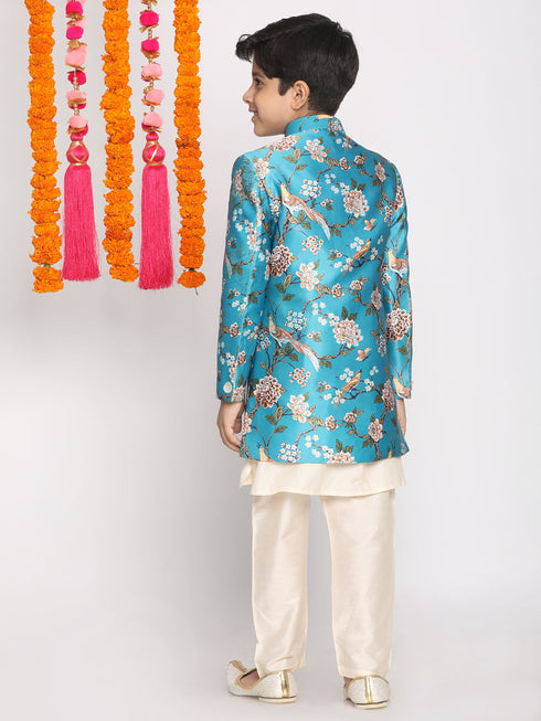 Vastramay Boy's Multicolored-Base-Turquoise Indowestern Set