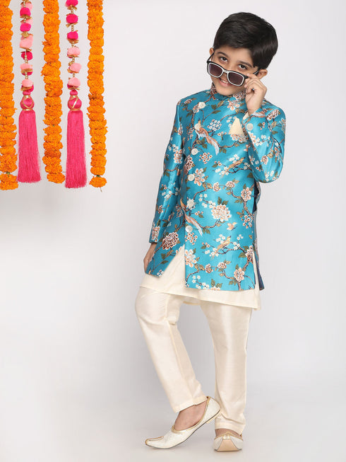 Vastramay Boy's Multicolored-Base-Turquoise Indowestern Set