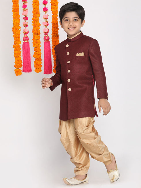Vastramay Boy's Maroon And Rose Gold Indowestern Set