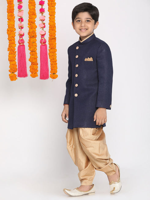 Vastramay Boy's Navy Blue And Rose Gold Indowestern Set