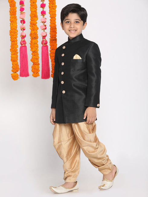 Vastramay Boy's Black And Rose Gold Indowestern Set