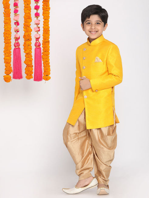 Vastramay Boy's Mustard And Rose Gold Indowestern Set