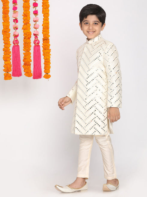 Vastramay Boys Cream-Colored Mirror Work Embellished Slim Fit Sherwani Set