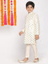 Vastramay Boys Cream-Colored Mirror Work Embellished Slim Fit Sherwani Set