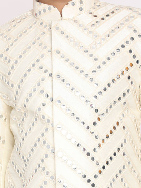 Vastramay Boys Cream-Colored Mirror Work Embellished Slim Fit Sherwani Set