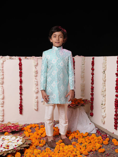 Vastramay Boys' Blue Jacquard Sherwani Set