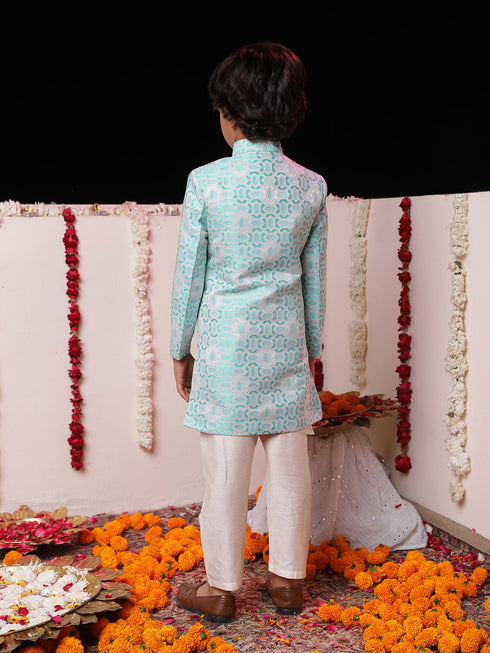 Vastramay Boys' Blue Jacquard Sherwani Set