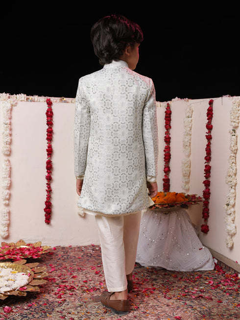 Vastramay Boys' Grey Jacquard Sherwani Set