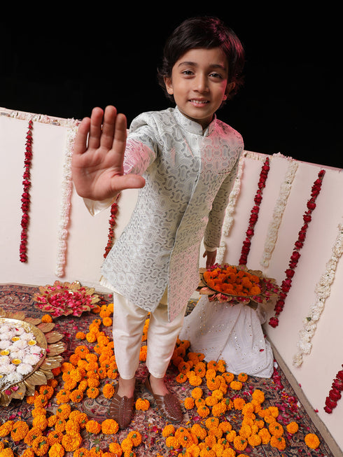 Vastramay Boys' Grey Jacquard Sherwani Set