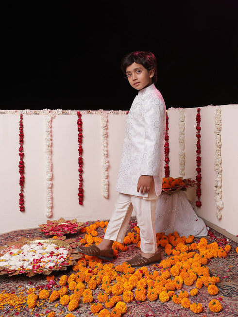 Vastramay Boys' Purple Jacquard Sherwani Set