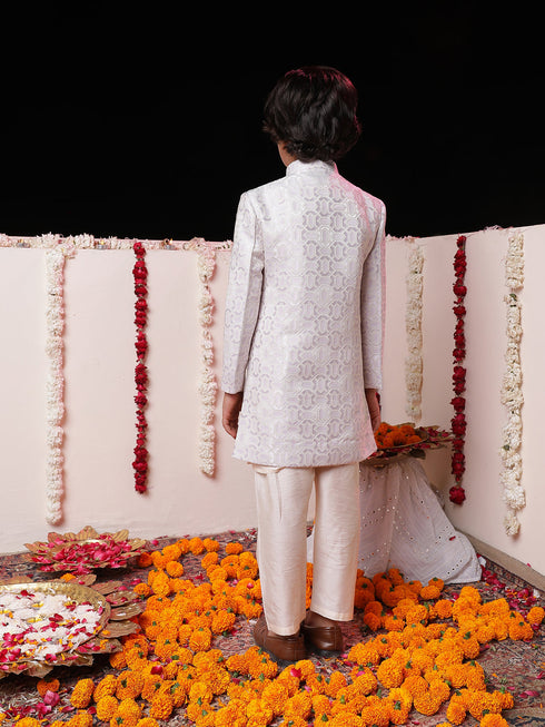 Vastramay Boys' Purple Jacquard Sherwani Set
