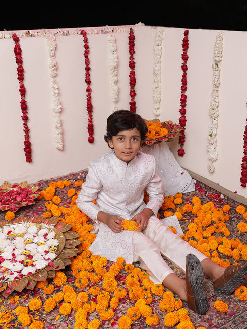 Vastramay Boys' Purple Jacquard Sherwani Set