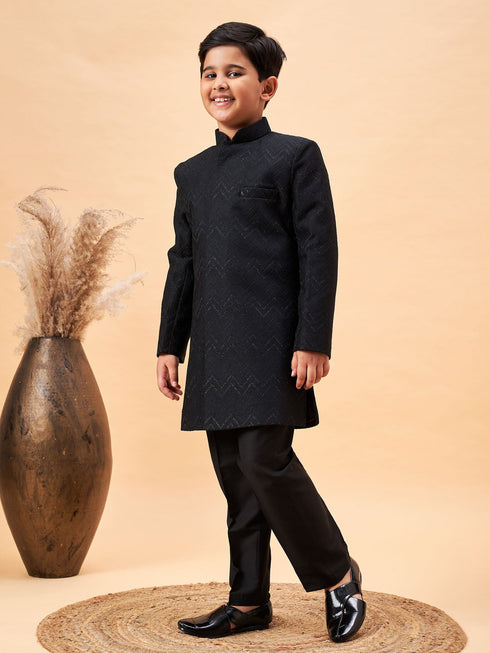 Vastramay Boy's Black Glitter Indo Western Sherwani Set