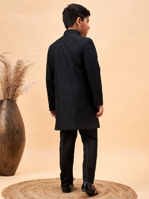 Vastramay Boy's Black Glitter Indo Western Sherwani Set