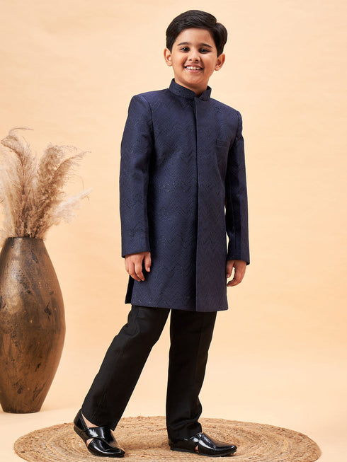 Vastramay Boy's Navy Blue Glitter Indo Western Sherwani Set