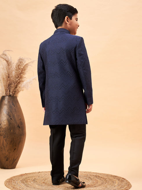 Vastramay Boy's Navy Blue Glitter Indo Western Sherwani Set