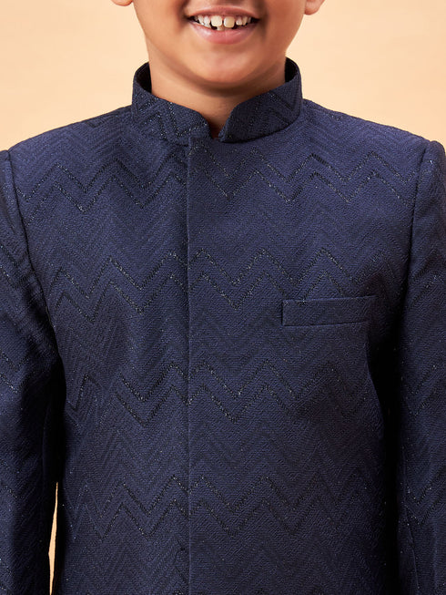 Vastramay Boy's Navy Blue Glitter Indo Western Sherwani Set