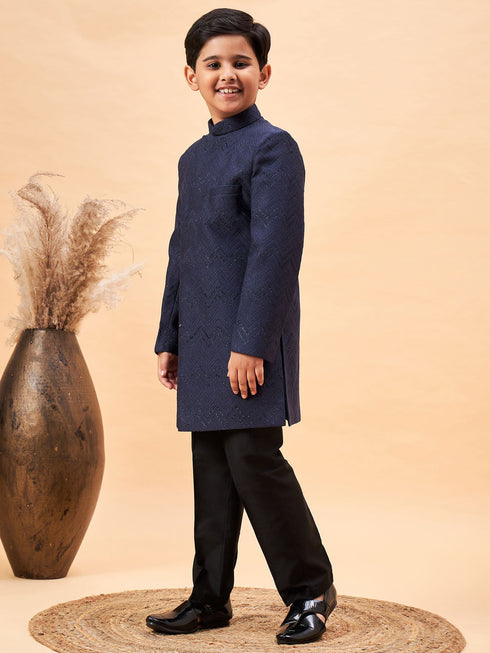Vastramay Boy's Navy Blue Glitter Indo Western Sherwani Set