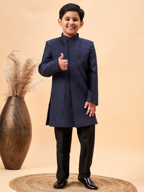 Vastramay Boy's Navy Blue Glitter Indo Western Sherwani Set