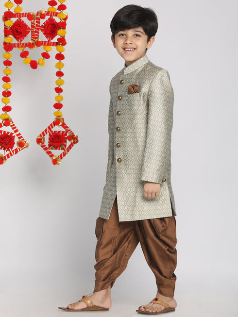 Vastramay Boys Grey Indo Western Jacquard Sherwani and Dhoti Pant Set