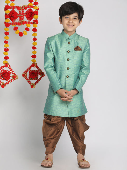 Vastramay Boys Green Indo Western Jacquard Sherwani and Dhoti Pant Set