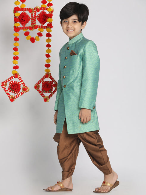Vastramay Boys Green Indo Western Jacquard Sherwani and Dhoti Pant Set