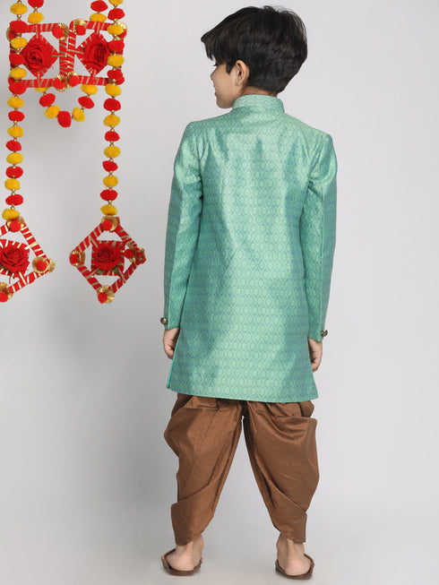 Vastramay Boys Green Indo Western Jacquard Sherwani and Dhoti Pant Set