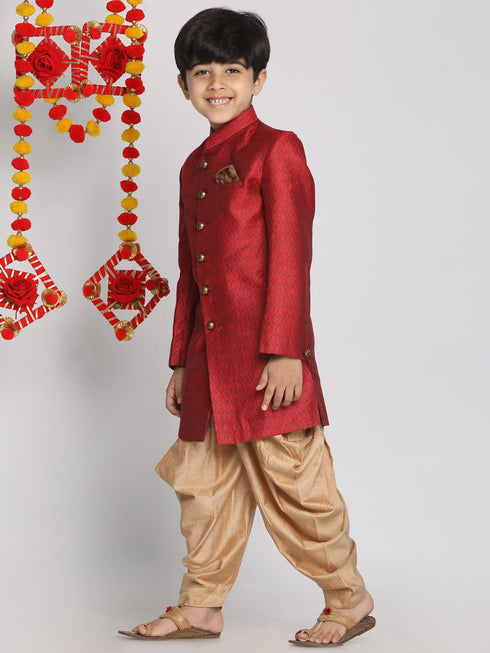 Vastramay Boys Maroon Indo Western Jacquard Sherwani and Dhoti Pant Set