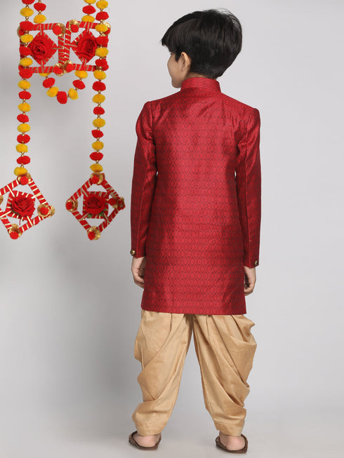 Vastramay Boys Maroon Indo Western Jacquard Sherwani and Dhoti Pant Set