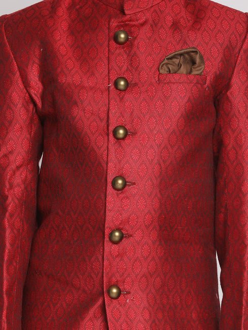 Vastramay Boys Maroon Indo Western Jacquard Sherwani and Dhoti Pant Set