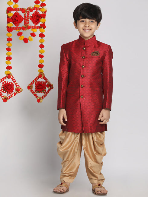 Vastramay Boys Maroon Indo Western Jacquard Sherwani and Dhoti Pant Set