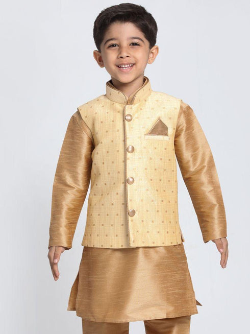 Vastramay Boys Gold Silk Blend Nehru Jacket